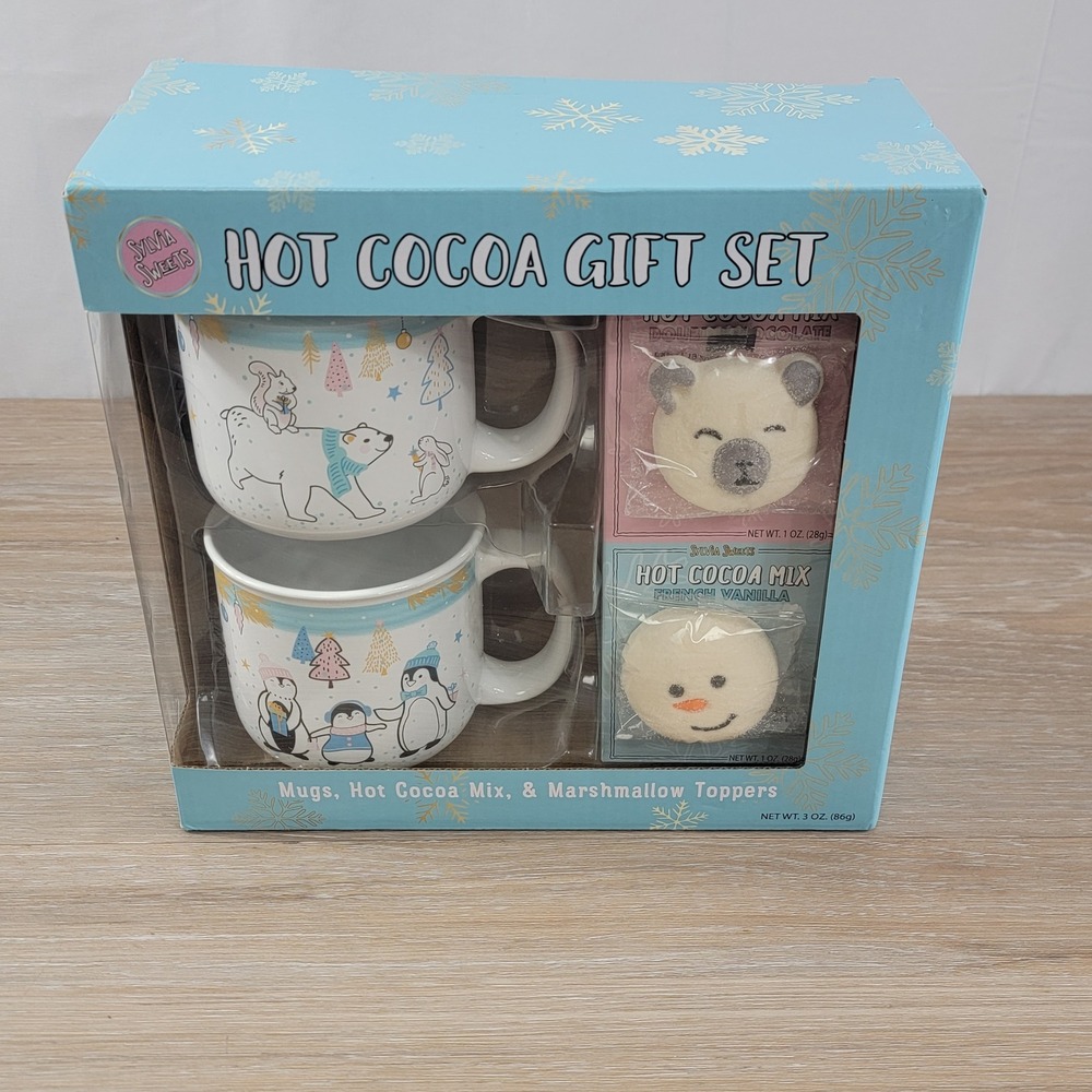 Sylvia Sweets Hot Cocoa Gift Set 2 Ceramic Mugs Polar Bear Penguins Marshmallows